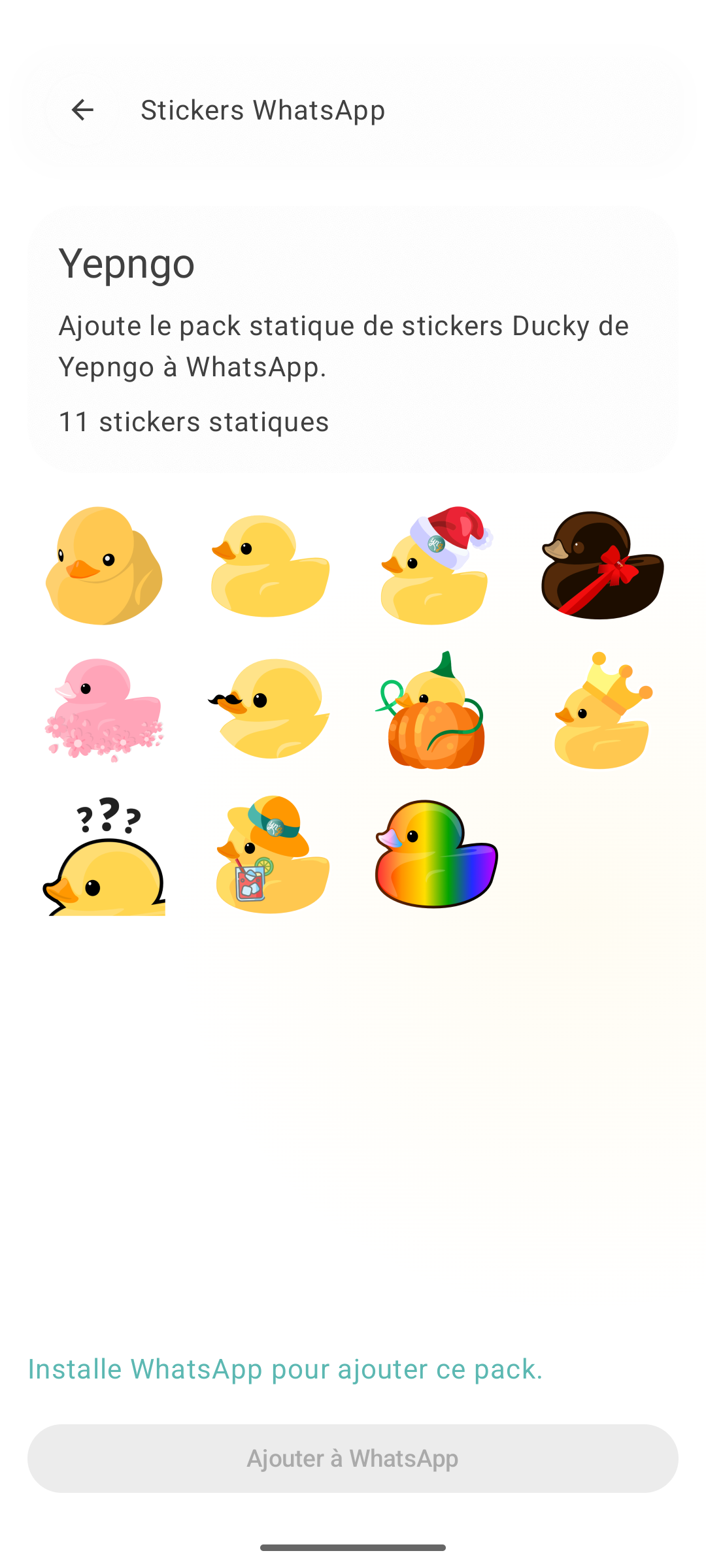 Pack de stickers Ducky pour WhatsApp dans YepnGo 4 sur Android